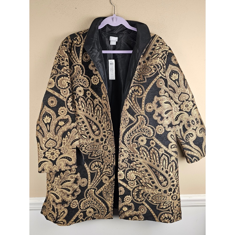 NWT Chico's Travelers Black Gold Medallion Jacquard Open Front Jacket 3 XL 16
